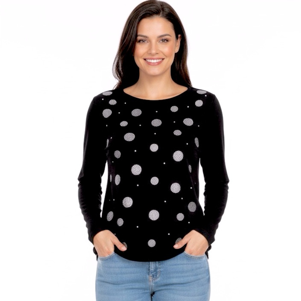 Women’s Black Rhinestone Polka Dot Long Sleeve Shirt